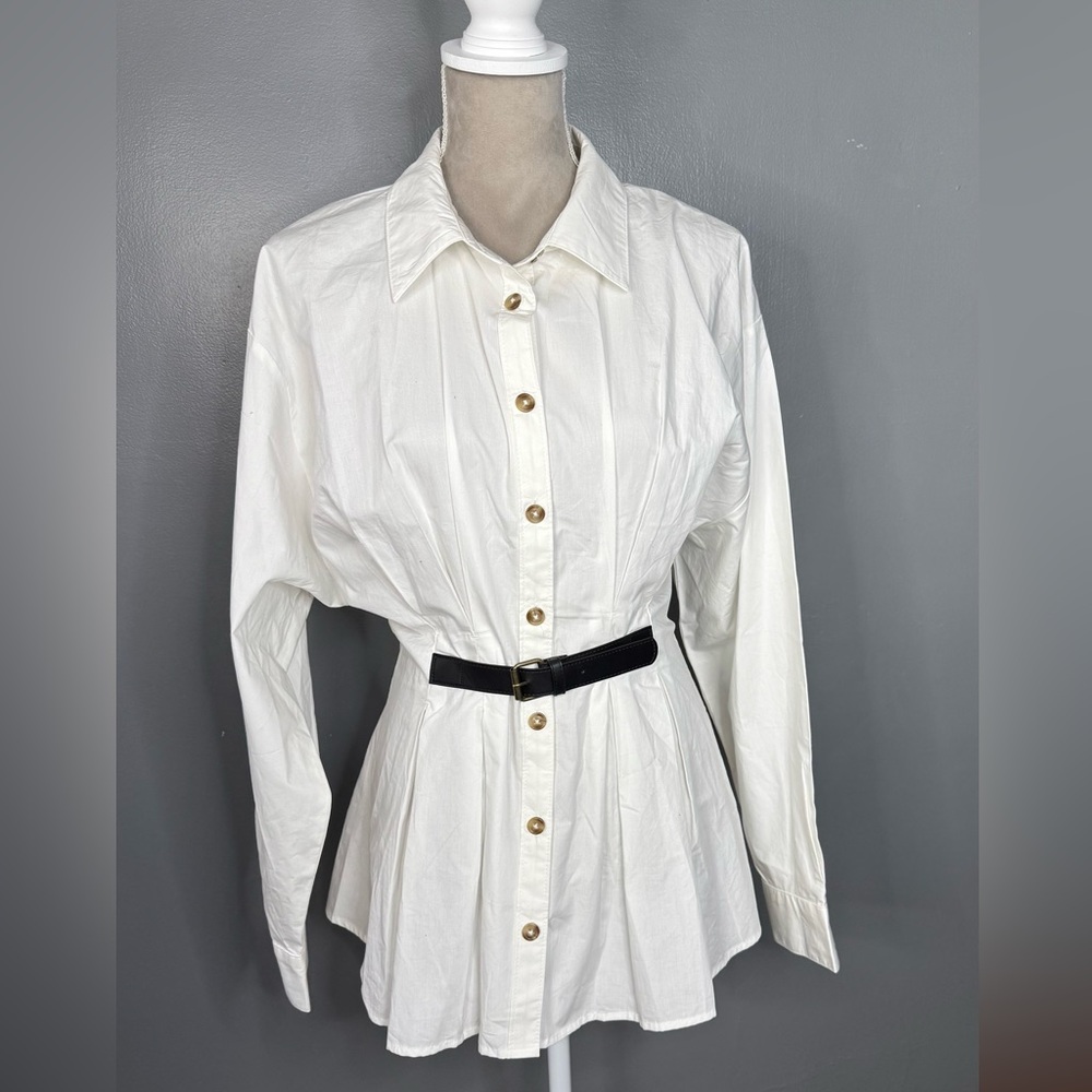 Anthropologie White Button-Down Shirt with Belt - Picture 2 of 6